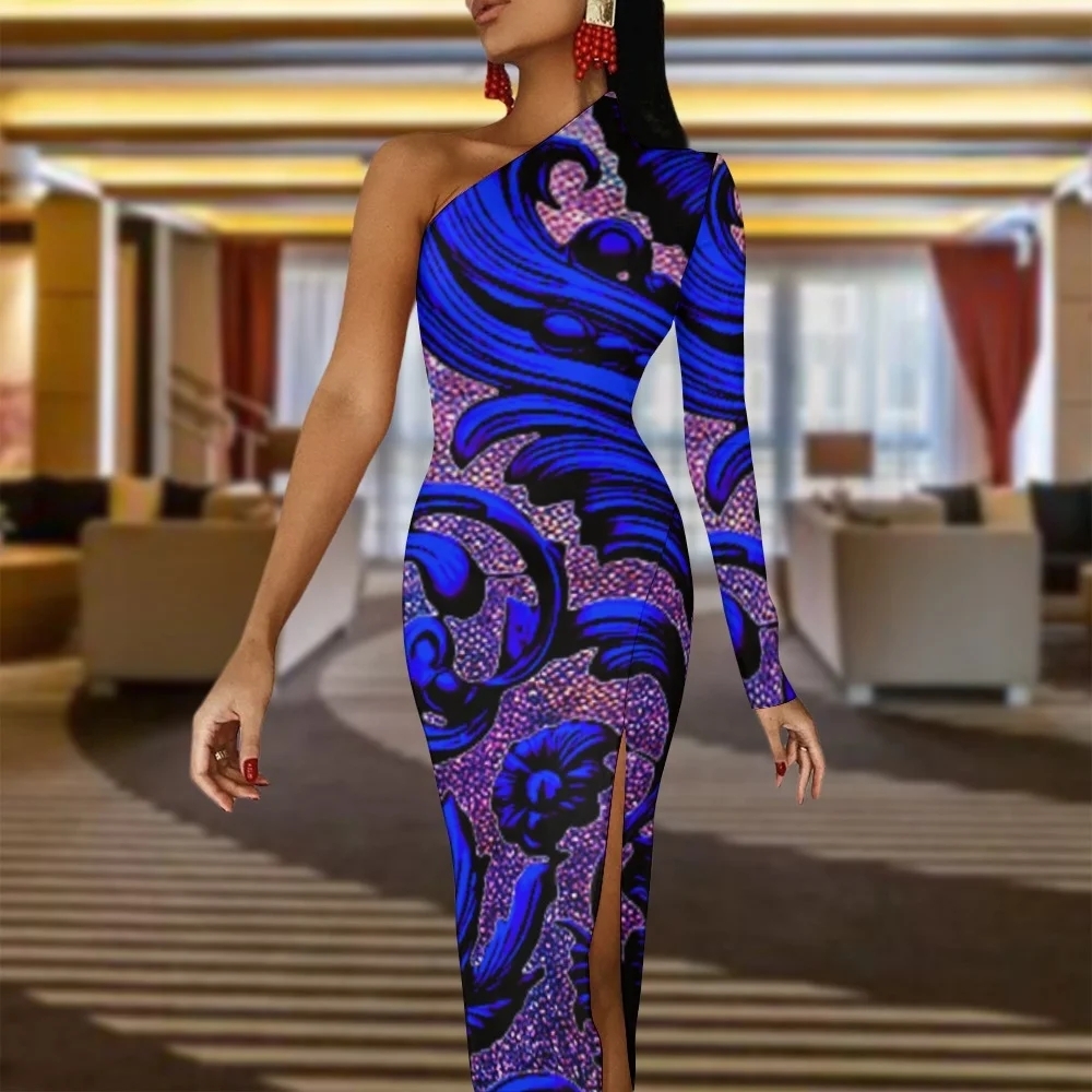 Elegant One-Shoulder Blue and Purple Dress